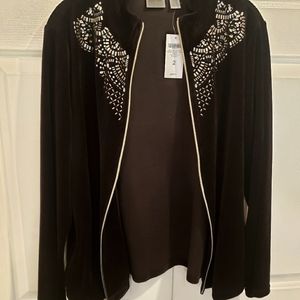 Chico’s Zenergy Dark Brown Velour Set Embellished Zip Front Jacket & Pants Sz 2